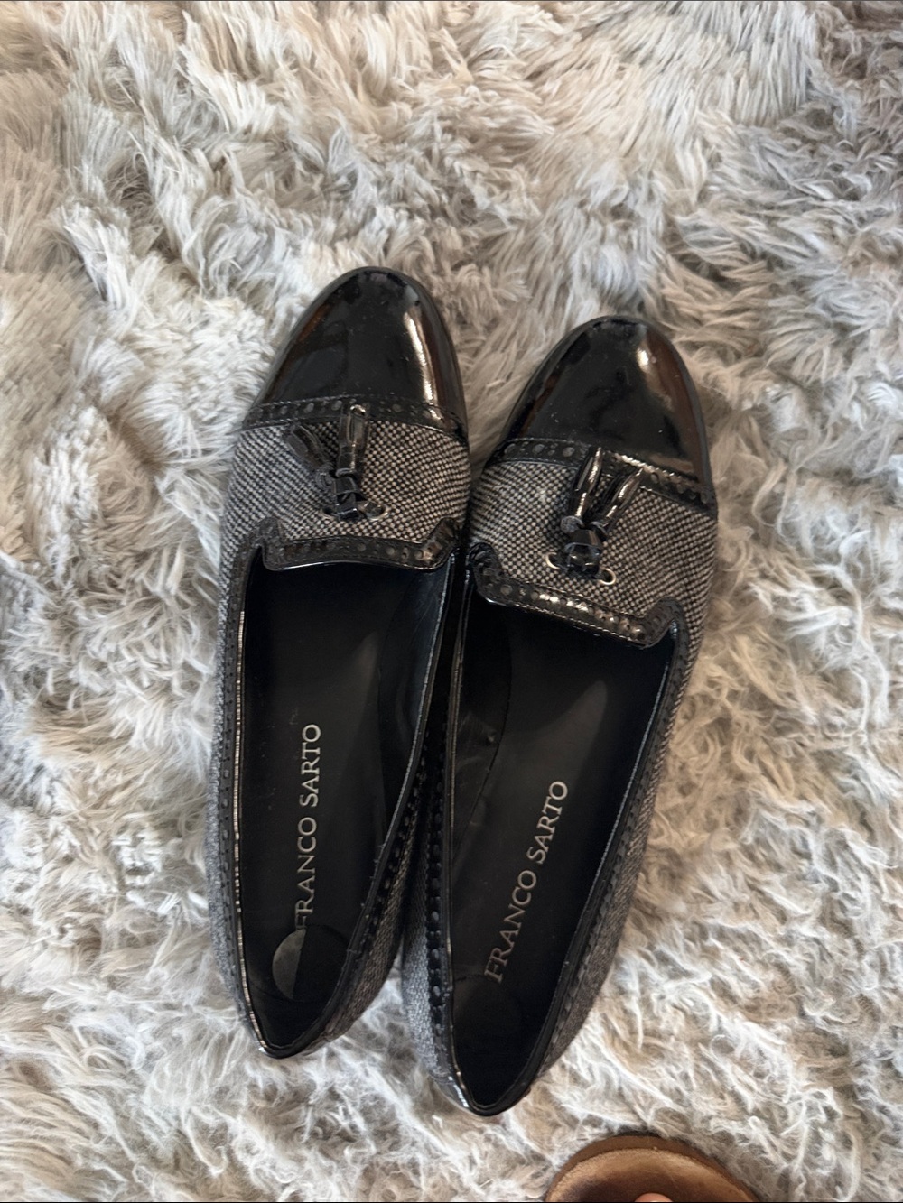Franco Sarto Black Patent & Textured Loafers with Tassel Detail